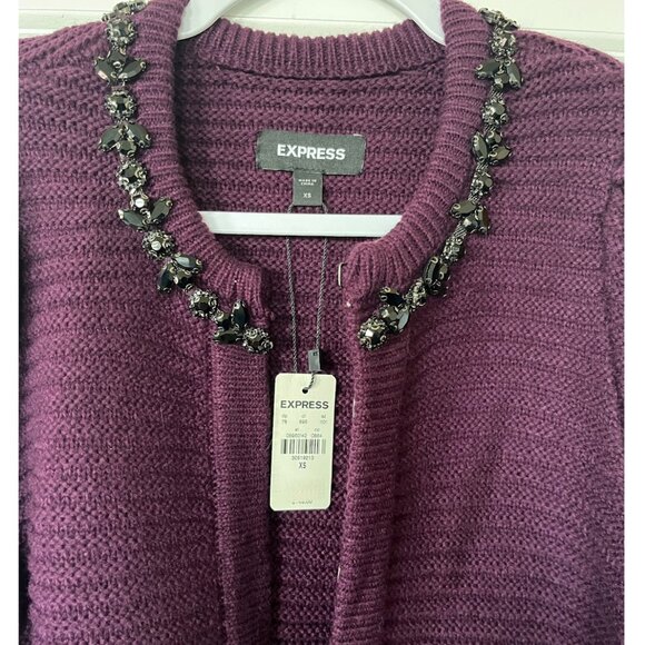 NWT EXPRESS PURPLE JEWELED NECK TRIM SWEATER JACKET SZ XS - Picture 2 of 9
